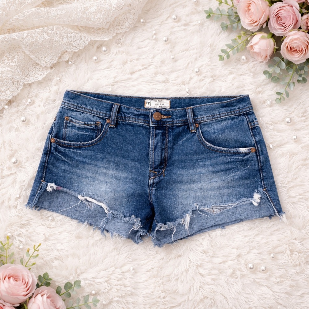 Free People Blue Distressed Jean Shorts